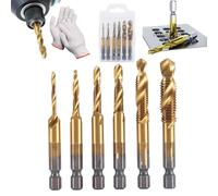 3 in 1 Spiral Tap Hex Shank Drill Bit Set, Metric Combination Threading Tools Kit,M3/M4/M5/M6/M8/M10 Drill Bits High Speed Steel, Professional Thread Tap Drills Bit Set (Long Gold)