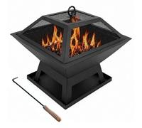 3-In-1 Square Fire Pit Bbq Grill & Heater Outdoor Garden & Patio Metal Firepit With Grill Lifters, Mesh Lid & Log Poker