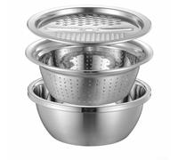 3 In 1 Stainless Steel Mixing Bowls Set With Strainer And Grater For Salad Prep, Vegetable Washing, And Baking Tasks, Silvery Finish, 26cm(3pcs Set)