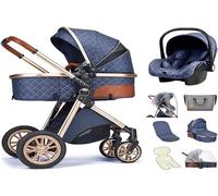 3 in 1 Stroller Foldable High View Stroller Newborn Reversible Cradle Stroller Adjustable Canopy Stroller Deluxe Stroller Cool Pad Rain Cover Foot Cover Mosquito Net (Color : Blue) Blue