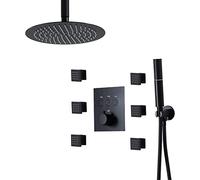 3 in 1 Thermostatic Shower System Bathroom Ceiling Shower Faucet Set with 2 Function Handheld Showerhead Top Spray Shower Head Massage Body JetsBlack,Black