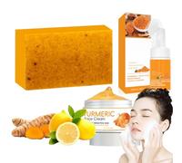 3-in-1 Turmeric Glow Kit: Soap, Cream & Cleanser - Natural Brightening Formula - Handmade with Honey & Lemon - Treats Acne, Dark Spots & Uneven Tone - Deep Cleansing & Moisturizing