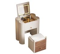 3 in 1 Vanity Desk with Mirror and Lights, Wooden Nightstand Small Make Up Vanity Set with Visible Glass Desktop, Compact Makeup Vanity with 2 Storage Drawers & Stool, Dressing Table for Bedroom