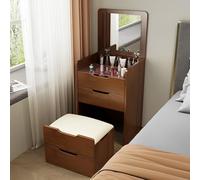 3-in-1 Walnut Dressing Table with LED Flip-top Mirror Hidden Ottoman & Storage Integrated Makeup Table for Small Spaces Stylish Bedside Vanity 18.9in