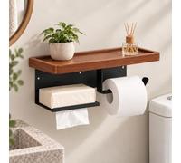 3-in-1 Walnut Toilet Paper Roll Holder, Extra Wide Wood Shelf Wall Mount | Self-Adhesive & Drilled Installation, Rustic Style Black Carbon Steel Tissue Dispenser, for Toilet Hardware Home Bathroom
