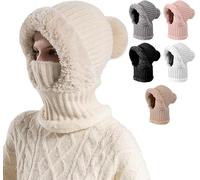 3-in-1 Warm Winter Knitted hat, 2025 Headgear, Scarf, mask, Women's Neck Protector, Windproof Headgear for Women, Women's Winter Knitted Wool hat with pom-poms. (Beige)