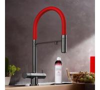 3-in-1 Water Kitchen Tap with Pull Out 3 Way Kitchen Tap Stainless Steel Black 360° Rotating Faucet(Gray+Red)
