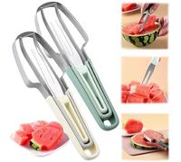 3-in-1 Watermelon Fork Slicer Cutter, Stainless Steel Watermelon Popsicle Cutter Watermelons Cutters Slicer Tool Melon Cutterr Knife Portability Fruit Fork for Camping Kitchen Gadgets (Green+Beige)