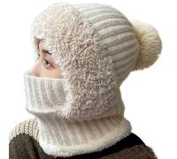 3 in 1 Windproof Beanie Hat for Women, Sherpa Hood Ski Mask, Fall Winter Warm Knitted Windproof Balaclava Scarf with Face Cover for Outdoor Skiing Hiking Beige