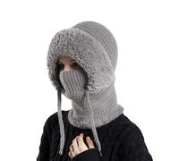 3-in-1 Winter Balaclava Hat for Womenn Knitted Beanie with Scarf & Face Mask, Windproof Warm Ski Cap, Fleece Lined Neck Gaiter, Outdoor Cold Weather Protection for Hiking, Skiing, Dog Walking (Gray)