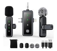 3 in 1 Wireless Lavalier Microphones for iPhone/Android/Camera, 2 Pack Mini Microphone LED Display Lapel Omnidirectional Mic with Mute/Reverb/Noise Reduction for TikTok/Podcast/Vlog Recording