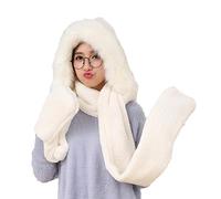 3-in-1 Women's Hooded Scarf with Mittens, Neck Warmer Hoodie Bag, Winter Super Soft Plush Full Hood Warm Thermal Fleece Hats with Ears, Pocket, Scarf