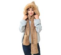 3-in-1 Women's Hooded Scarf with Mittens, Neck Warmer Hoodie Bag, Winter Super Soft Plush Full Hood Warm Thermal Fleece Hats with Ears, Pocket, Scarf