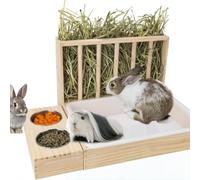 3 in 1 Wooden Rabbit Litter Box with Hay Feeder & Double Stainless Steel Bowls, Detachable Small Pet Feeding Station, Mess Proof Hay Rack Toilet Combo for Guinea Pig, Dwarf Bunny, Hamster, Chinchilla