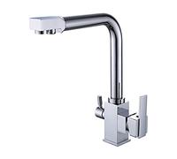 3 In1 Kitchen Faucet with Drinking Filtered Water Outlet, 360° Swivel High Arc Water Filter Purifier Faucet, Solid Brass Cold and Hot Water Mixer Tap with 2 Handles (Chrome)