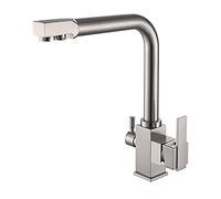 3 In1 Kitchen Faucet with Drinking Filtered Water Outlet, 360° Swivel High Arc Water Filter Purifier Faucet, Solid Brass Cold and Hot Water Mixer Tap with 2 Handles (Brushed)