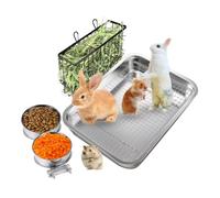 3 in1 Rabbit Hay Feeder with Stainless Steel Litter Box & 2 Bowls &Metal Hay Rack,Hanging Hay Feeder Dispenser for Bunny Guinea Pig Chinchilla Bunny Other Small Animals