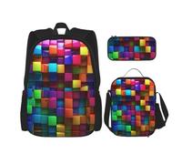 3 in1 Travel Laptop Backpack with Lunch Bag and Pencil Case Casual Daypack | Backpack For Men Women Laptop Bags Lunch Box Pen Bag Set Colorful Cubes Travel Rucksack