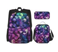 3 in1 Travel Laptop Backpack with Lunch Bag and Pencil Case Casual Daypack | Backpack For Men Women Laptop Bags Lunch Box Pen Bag Set Abstract Color Cubes Purple Travel Rucksack