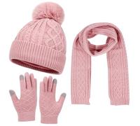 3 In1 Winter Beanie Hat Scarf Gloves Set Thermal Warm Knitted Beanie Bobble Cap with Fleece Lined Warm Thermal Hat Gloves Women Scarf Warmer 3 In 1 Cold Weather Set for Adults Sports Outdoor
