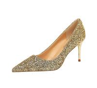 3-inch Sequined High Heels for Women, Comfortable Party Prom Closed Pointed Toe Pumps, Slip On Stiletto Heels Shoes Gold
