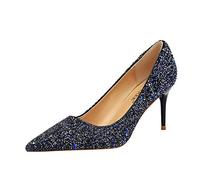 3-inch Sequined High Heels for Women, Comfortable Party Prom Closed Pointed Toe Pumps, Slip On Stiletto Heels Shoes Blue