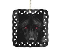 3 Inch Square Ceramic Hanging Ornament, Black Red Eyed Wolf Christmas Ornament with Cut-Out Design, Elegant Xmas Tree Decor for Home Office & Unique Gift