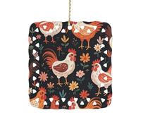3 Inch Square Ceramic Hanging Ornament, Cute Rooster Chickens Christmas Ornament with Cut-Out Design, Elegant Xmas Tree Decor for Home Office & Unique Gift