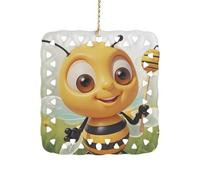 3 Inch Square Ceramic Hanging Ornament, Honey Bee Christmas Ornament with Cut-Out Design, Elegant Xmas Tree Decor for Home Office & Unique Gift