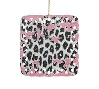 3 Inch Square Ceramic Hanging Ornament, Peach Leopard Print Christmas Ornament with Cut-Out Design, Elegant Xmas Tree Decor for Home Office & Unique Gift