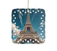 3 Inch Square Ceramic Hanging Ornament, The Towering Iron Tower Christmas Ornament with Cut-Out Design, Elegant Xmas Tree Decor for Home Office & Unique Gift