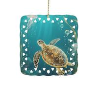 3 Inch Square Ceramic Hanging Ornament, Turtle Christmas Ornament with Cut-Out Design, Elegant Xmas Tree Decor for Home Office & Unique Gift