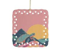 3 Inch Square Ceramic Hanging Ornament, Turtle on The Mountain Christmas Ornament with Cut-Out Design, Elegant Xmas Tree Decor for Home Office & Unique Gift