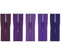 #3 Invisible Zip 14 Inch (35cm) - Pack of 5 Close-End Concealed Zippers, Woven Tape, 5 Different Shades, Smooth Nylon Coil - Dressmaking, Skirts & Cushion Covers (Purple)