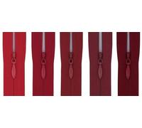 #3 Invisible Zip 14 Inch (35cm) - Pack of 5 Close-End Concealed Zippers, Woven Tape, 5 Different Shades, Smooth Nylon Coil - Dressmaking, Skirts & Cushion Covers (Classic Red)