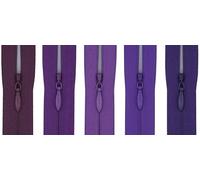 #3 Invisible Zip 18 Inch (45cm) - Pack of 5 Close-End Concealed Zippers, Woven Tape, 5 Different Shades, Smooth Nylon Coil - Dressmaking, Skirts & Cushion Covers (Purple)