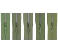 #3 Invisible Zip 8 Inch - Pack of 5 Close-End Concealed Zippers, Woven Tape, 5 Different Shades, Smooth Nylon Coil - Dressmaking, Skirts & Cushion Covers (Sage & Olive Green)