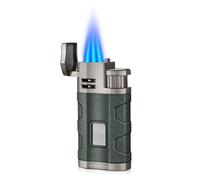 3 Jet Flame Cigar Lighter With Stand - Windproof, Butane Refillable Torch With Punch, Green (Without Gas)