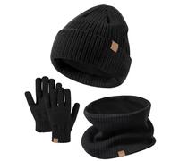 3 Kids Winter Hat Glove Sets Knitted Toddler Cap Touchscreen Mitten Neck Warmer for Boys Girls 5 14 Years Hat Gloves (Black, One Size)