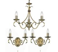 3 Lamp Ceiling & 2X Twin Wall Light Pack Antique Brass Vintage Matching Fittings