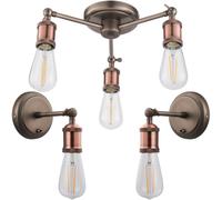 3 Lamp Ceiling Pendant & 2x Matching Wall Light Pack Tarnished Aged Copper Kit