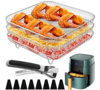 3 Layer Air Fryer Rack Square, 20×20×4cm Air Fryer Grill Rack Stainless Steel Grill Dehydrator Rack Stackable Ninja Air Fryer Accessories with Anti-Scald Clip & 8 Silicone Feet for Ninja Philip