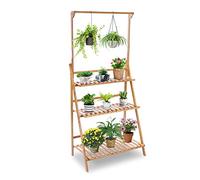 3 Layer Bamboo Plant Pots Ladder Shelf, Flower Plant Pots Ladder Rack with Hanging Rod, Bamboo Plant Rack for Outdoor Balcony or Indoor Living Room, Foldable Garden Plant Shelf for Plant Display