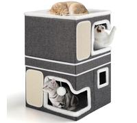 3 Layer Cat House for Indoor Cats, Separate Into 2 Large Cat-Bed Cave with Hideaway Condos, Scratch Pads, Hanging Balls, Foldable Cat House Hold Up to 30LBS, Cat Cube for Multiple Cats Kitten, Grey
