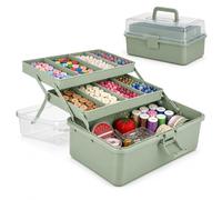 3 Layer Craft Storage Box, 12.8 x 7.1 x 5.5 in Large Storage Box with Compartments and Clear Lid, Multi-Purpose Plastic Tool Container for Art Supplies Sewing Stationery Medicine Fishing Tackle, Green
