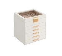 SONGMICS Jewellery Box with Glass Lid, 6-Layer Jewellery Storage Organiser with 5 Drawers, Plenty of Storage, Modern, Gift Idea, 20.3 x 23.1 x 22.8 cm, Cloud White and Gold JBC176W01