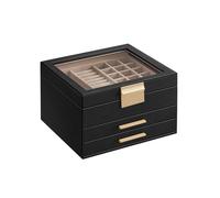 SONGMICS GISELLA Collection - Jewellery Box with Glass Lid, 3-Layer Jewellery Storage Organiser with 2 Drawers, Modern, Gift Idea, Ink Black and Gold, 20.3 x 23.1 x 13.5 cm JBC239B03