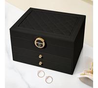 3-Layer Jewellry Organizer, Large Capacity Jewellry Box With 2 Drawers, Leather Jewelry Storage, Lockable Jewelry Box For Necklaces Rings Earrings, Gift For Women (Black)