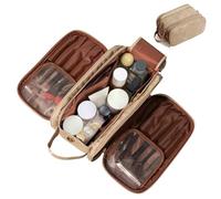 3 - Layer Large - Capacity Makeup Cosmetic Toiletry Bag with Double Zippers & Wide Opening, Portable Travel Organizer for Cosmetics & Toiletries-Light Brown