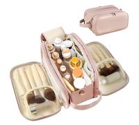 3 - Layer Large - Capacity Makeup Cosmetic Toiletry Bag with Double Zippers & Wide Opening, Portable Travel Organizer for Cosmetics & Toiletries, Stylish Rose - Pink PU Storage Bag